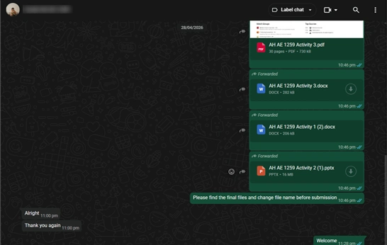 WhatsApp chat screenshot showing completed OTHM assignment files delivered to student including PDF, DOCX and PPTX formats