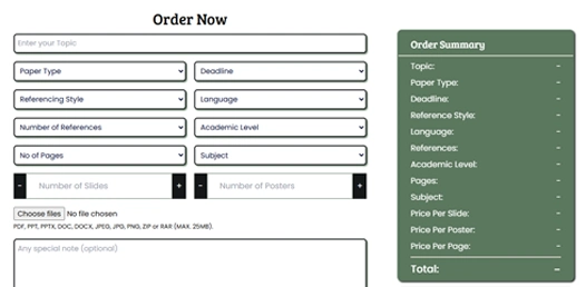 Order Now form for OTHM assignment help with paper type, deadline, referencing style, academic level and order summary